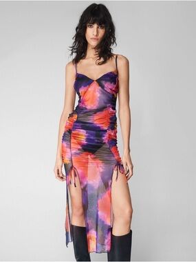 NWOT Nasty Gal Mesh Ruched Tie Dye Maxi Dress Sheer Y2K Party Club Dress US 12